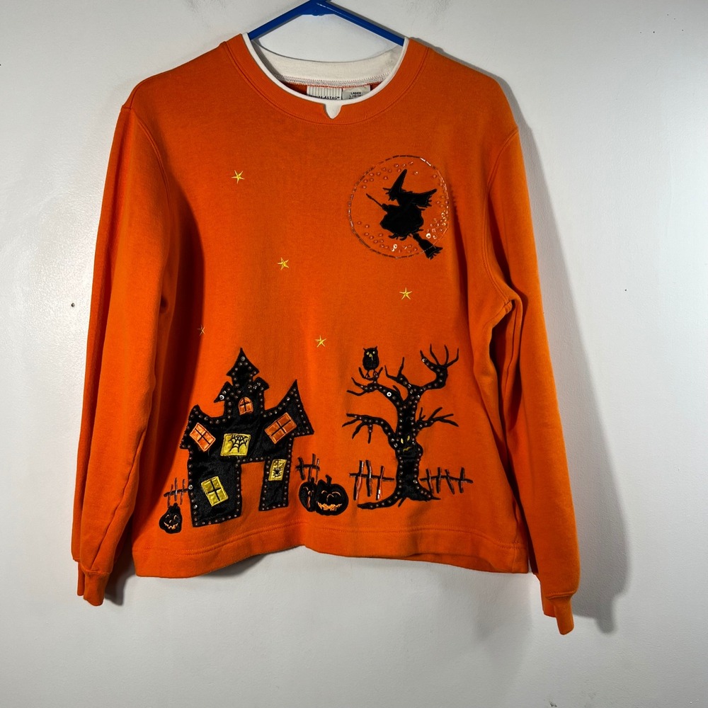 White Stag Halloween Embroidered Sweatshirt Orange Haunted House Witch Large